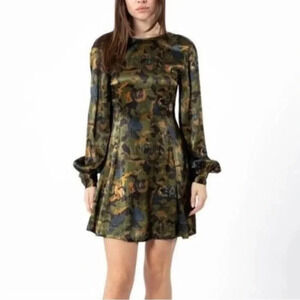 NWT GANNI Heavy Satin Printed Logo Short Dress Size 44 (US 10/12) Olive  *read